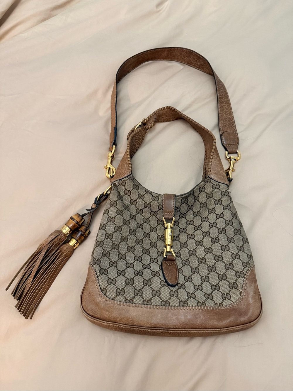 Gucci Beige GG Canvas Shoulder Bag with Brown Leather Trim and Tassel